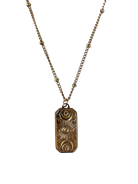 Vergoldete Edelstahlkette mit Perlen und Anhänger Sonne, Mond, Sterne.