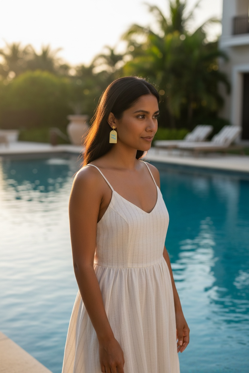 Ohrring ciao bella aus Polymer Ton und hypoallergenem Edelstahl-Stecker getragen von einem Model in weissem Kleid am Pool