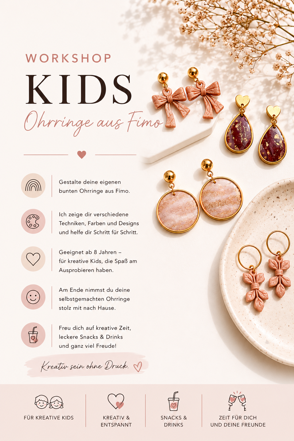 Workshop Ohrringe aus Polymer Ton (Fimo) KIDS  Mittwoch 2. September 2026  14-17 Uhr