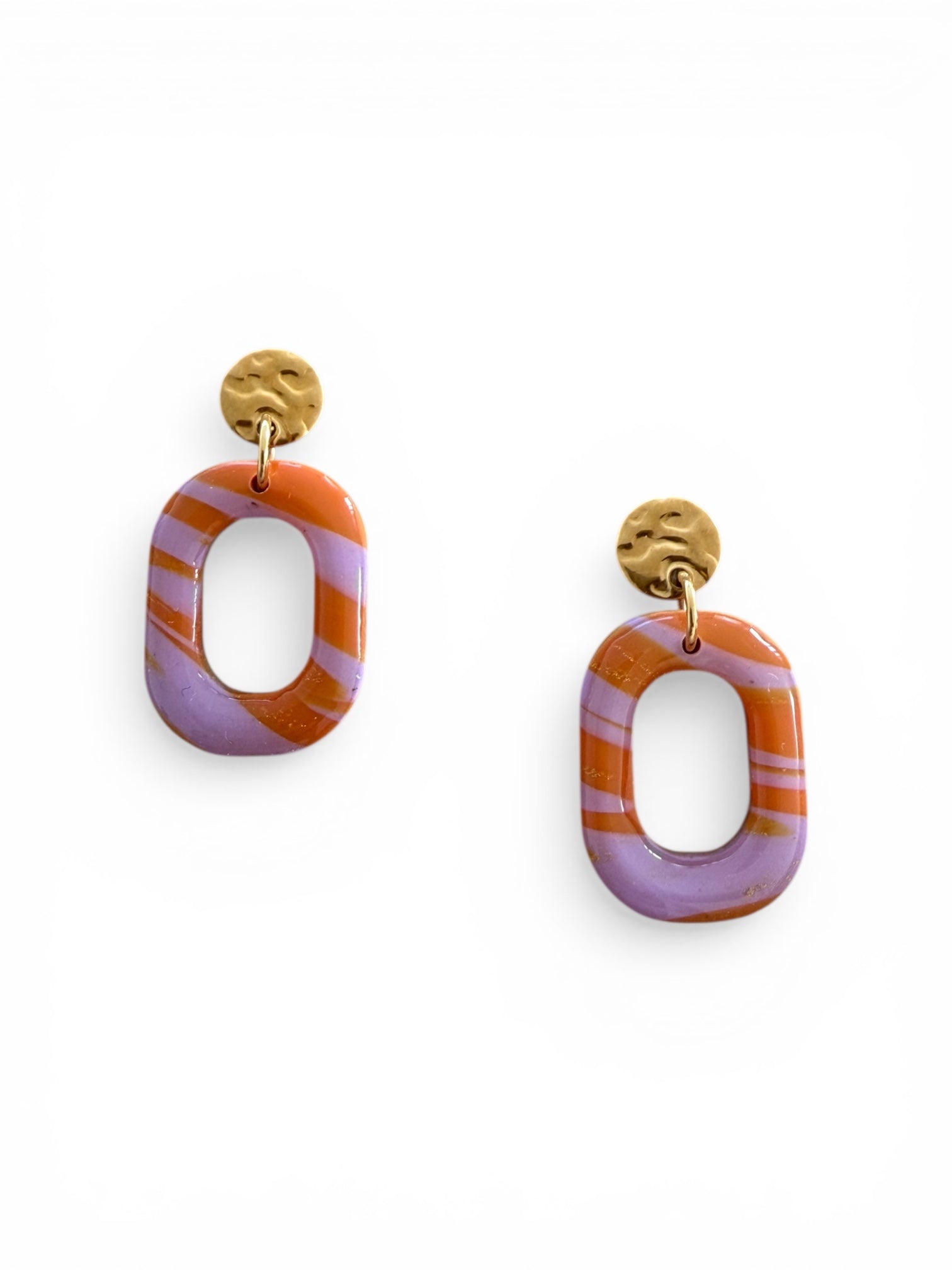 Ohrring Desert Sunset aus Fimo Organe-violet mit vergoldetem Edelstahl Ohrstecker mit Struktur, hypoallergen. 